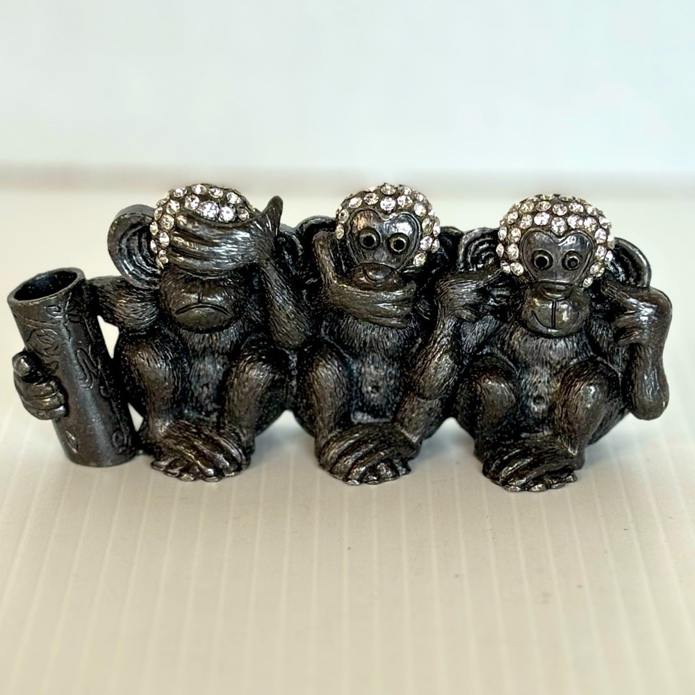 3 Wise See-Hear-Speak 'No Evil' Monkeys Rhinestone Metal - Pen/Card holder